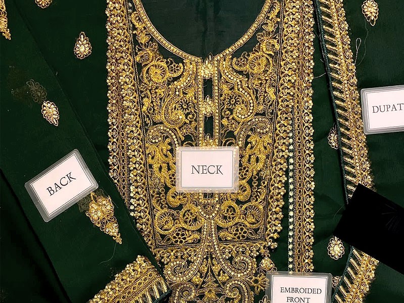 Heavy Embroidered Green Chiffon Wedding Dress 2024