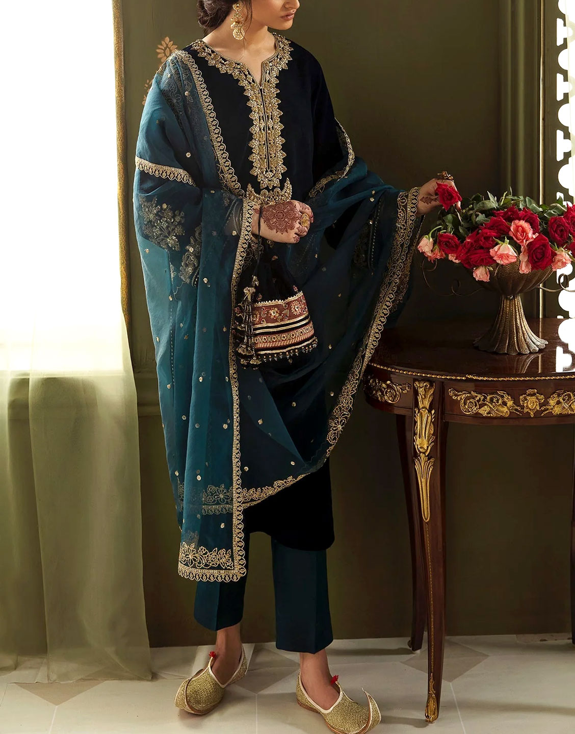 Elegant Embroidered Velvet Party Wear Dress with Embroidered Net Dupatta Price in Pakistan