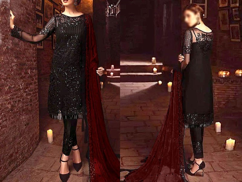 Elegant Sequins Embroidered Black Chiffon Party Dress Price in Pakistan