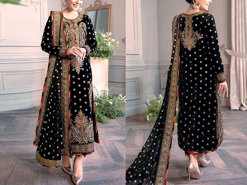 Luxury Heavy Embroidered Black Velvet Wedding Dress 2024