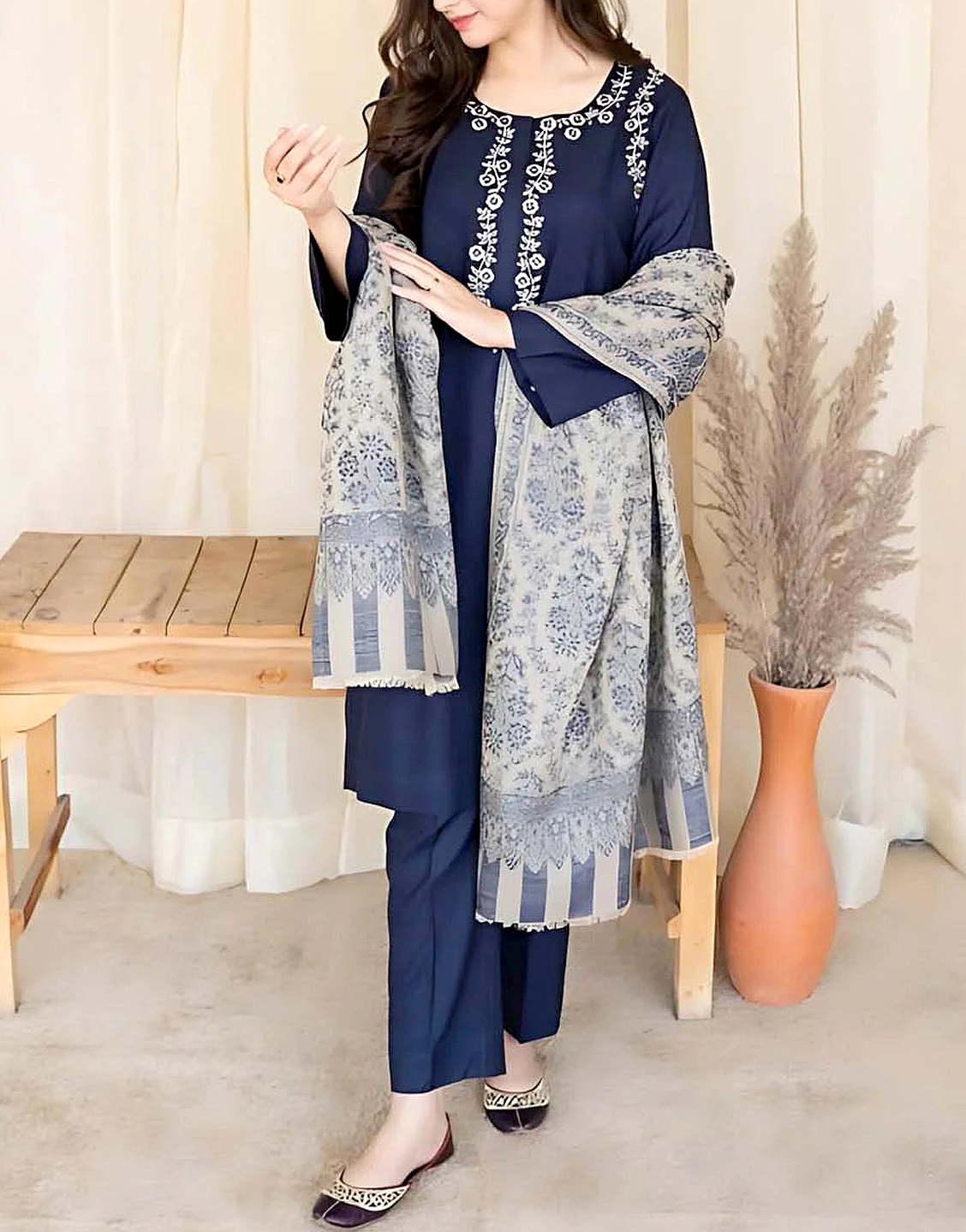 Heavy Embroidered Linen Dress with Wool Shawl Dupatta Price in Pakistan