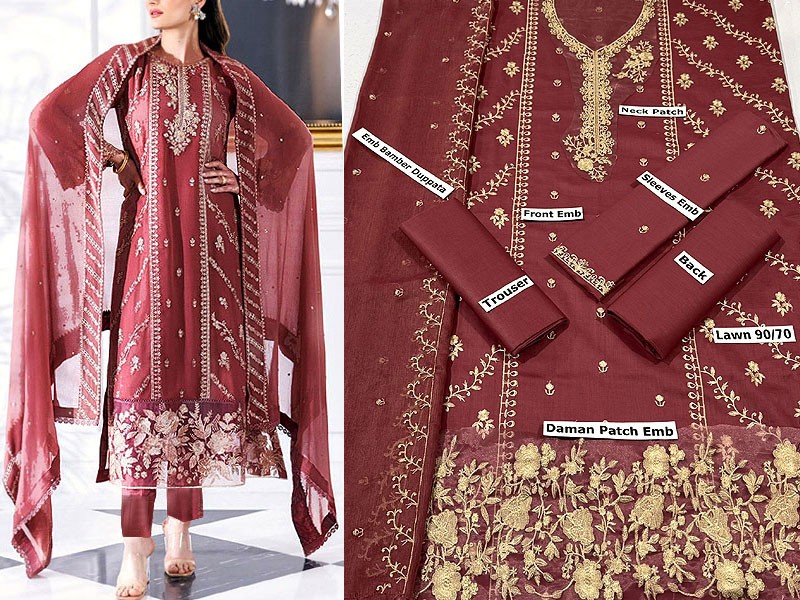 Heavy Embroidered Lawn Dress 2024 with Bamber Chiffon Dupatta
