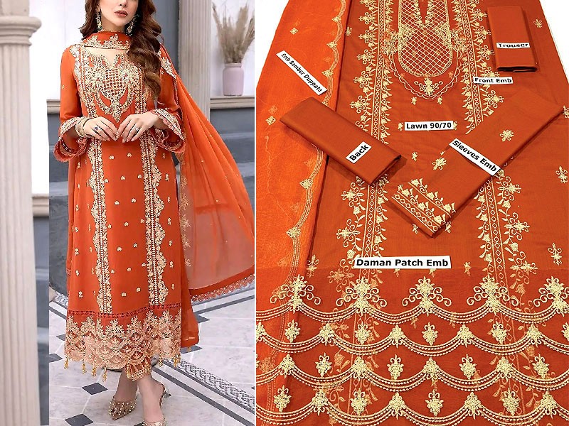Heavy Embroidered Lawn Suit 2024 with Bamber Chiffon Dupatta