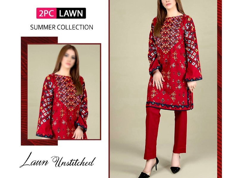 Elegant 2-Piece Embroidered Red Lawn Dress 2024 Price in Pakistan