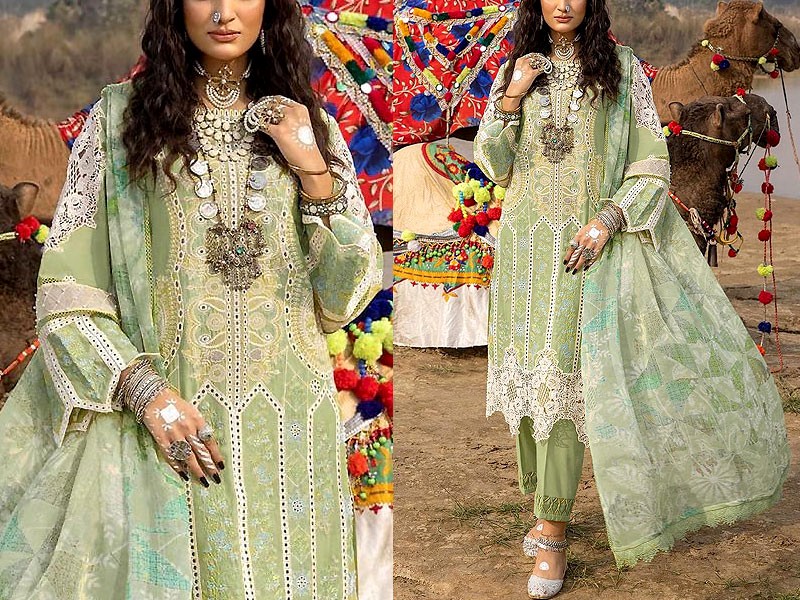 Luxurious Schiffli Embroidered Lawn Dress with Printed Silk Dupatta Price in Pakistan