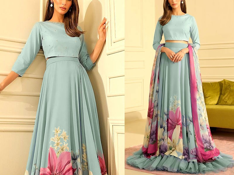 Digital Floral Print Silk Maxi Dress 2024 with Printed Silk Dupatta Price in Pakistan