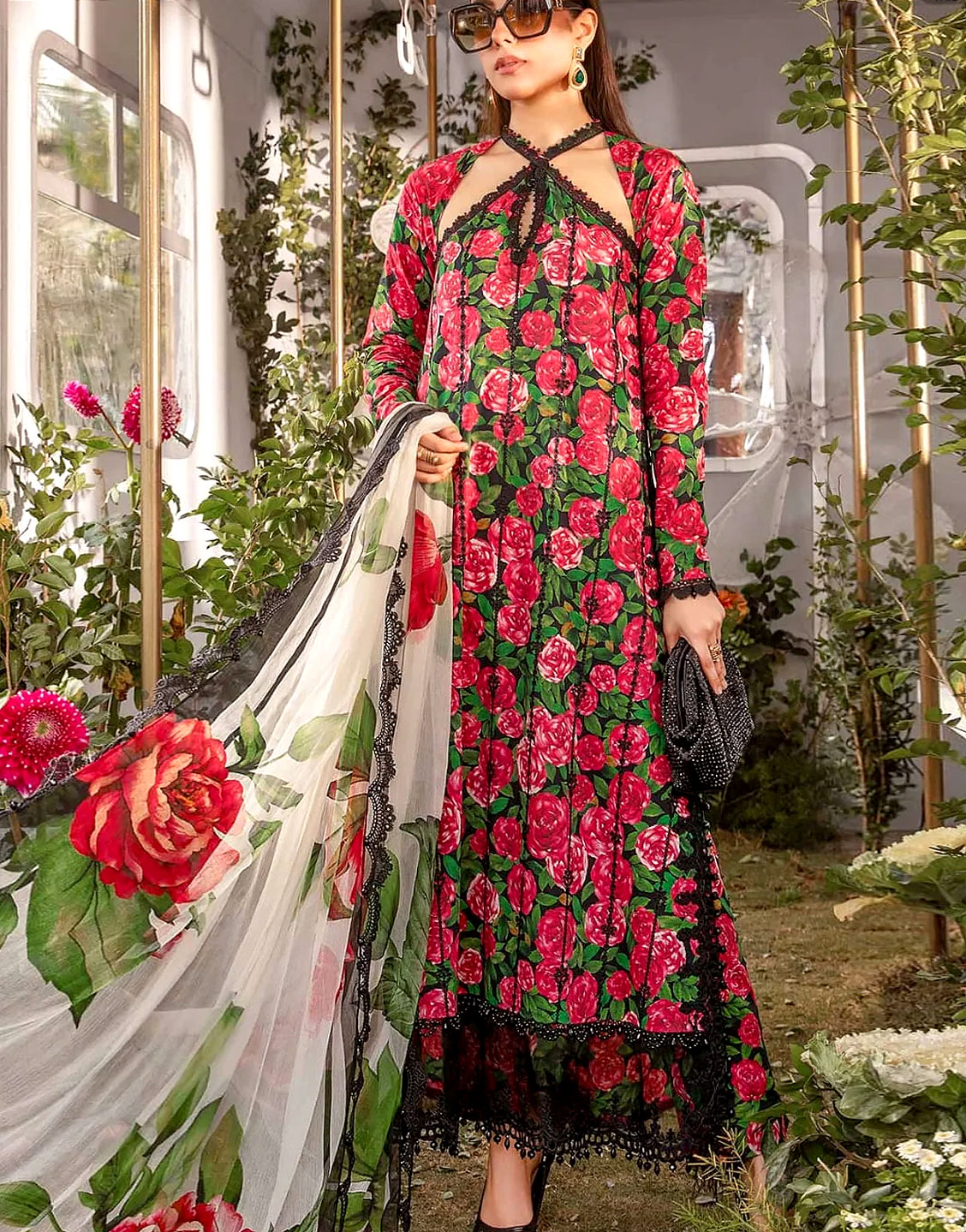 Embroidered EID Lawn Dress 2024 with Printed Chiffon Dupatta Price in Pakistan