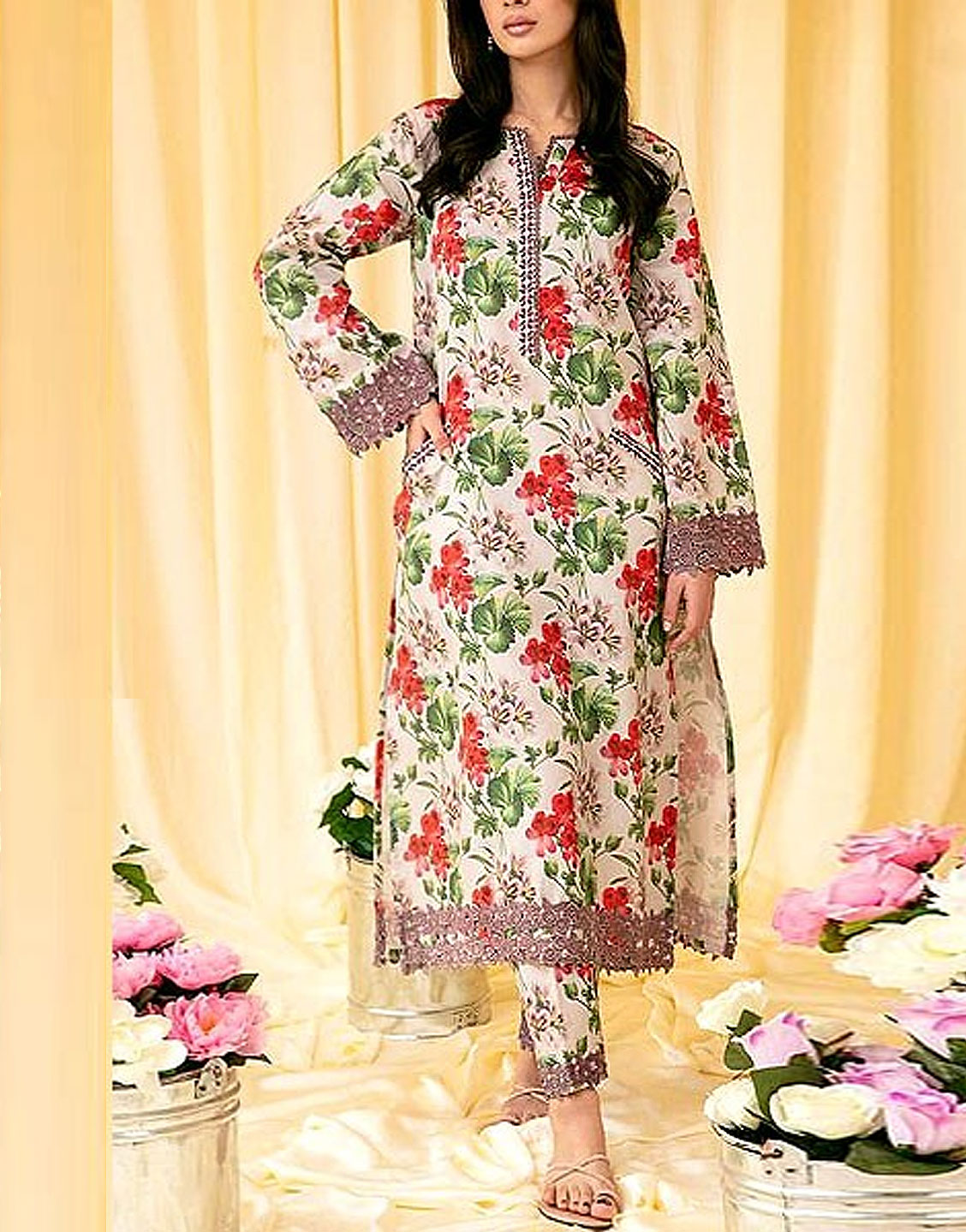 2-Pcs Embroidered Lawn Dress with Embroidered Trouser Price in Pakistan