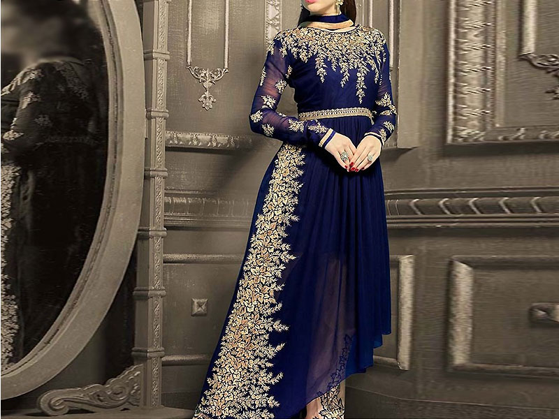 Indian Embroidered Blue Chiffon Frock