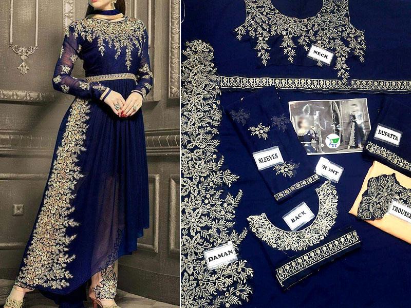 Indian Embroidered Blue Chiffon Frock