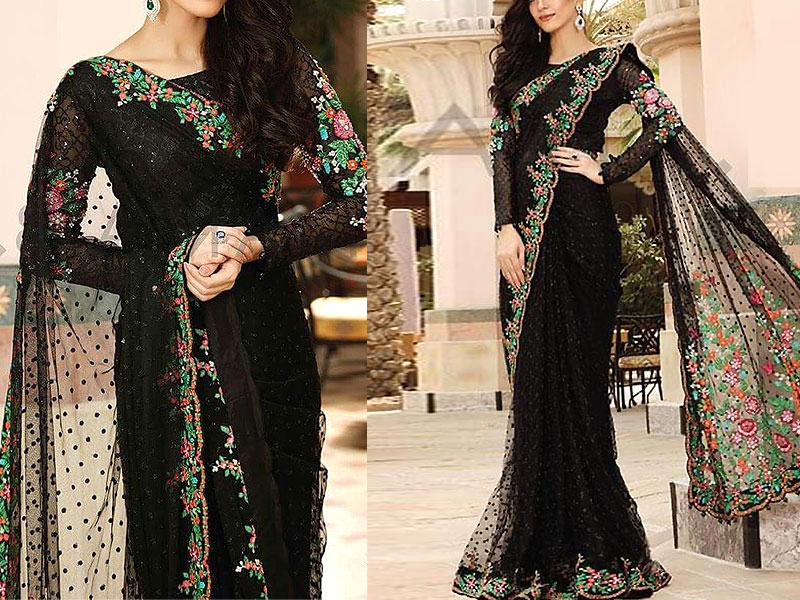 Delicate Heavy Sequins Embroidered Black Chiffon Saree Price in Pakistan