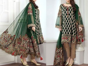 Embroidered Green Chiffon Suit with Net Dupatta Price in Pakistan