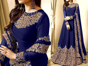 Indian Embroidered Navy Blue Chiffon Maxi Dress