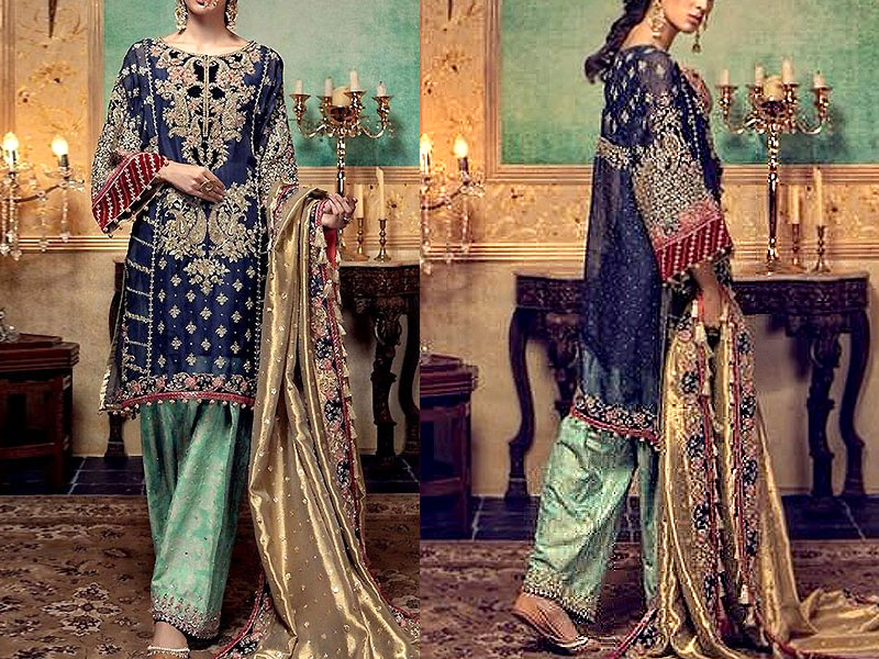 Heavy Embroidered Blue Chiffon Bridal Dress with Jamawar Trouser