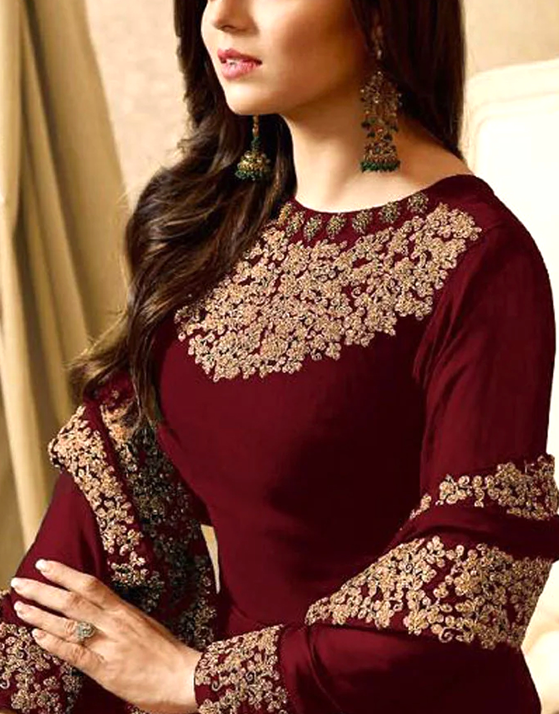 Indian Embroidered Maroon Chiffon Maxi Dress