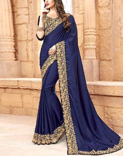 Indian Embroidered Navy Blue Chiffon Saree Price in Pakistan