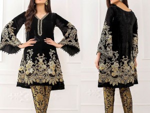 Heavy Embroidered Black 3-Pcs  Velvet Dress with Net Dupatta Price in Pakistan