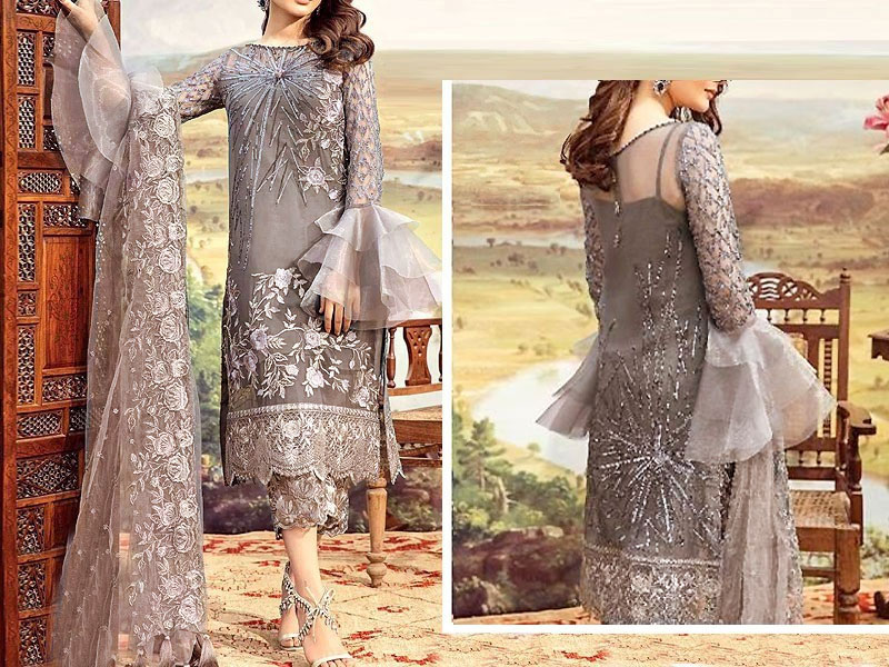 Heavy Embroidered Grey Net Wedding Dress 2023 Price in Pakistan