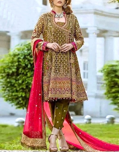 Heavy Embroidered Chiffon Bridal Dress with Embroidered Silk Trouser