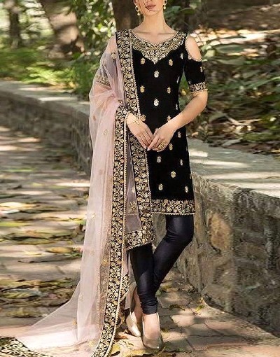 Adorable Embroidered Black Velvet Dress with Net Dupatta Price in Pakistan