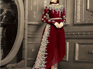 Indian Embroidered Maroon Chiffon Frock