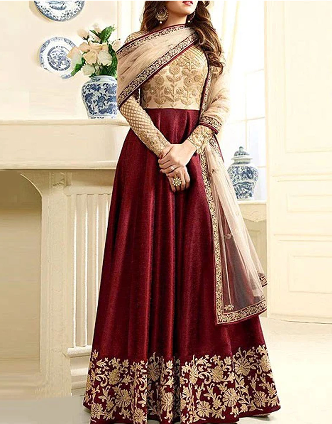 Indian Embroidered Maroon Chiffon Maxi Dress Price in Pakistan