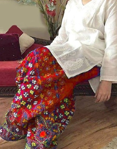 Trendy 2-Piece Embroidered Cotton Dress with Red Phulkari Embroidered Trouser Price in Pakistan