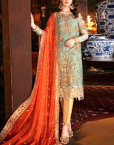 Heavy Mirror Work Embroidery Chiffon Wedding Dress with 4-Side Embroidered Dupatta Price in Pakistan