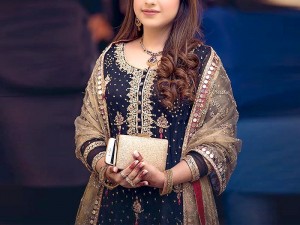 Embroidered Navy Blue Chiffon Wedding Dress Price in Pakistan