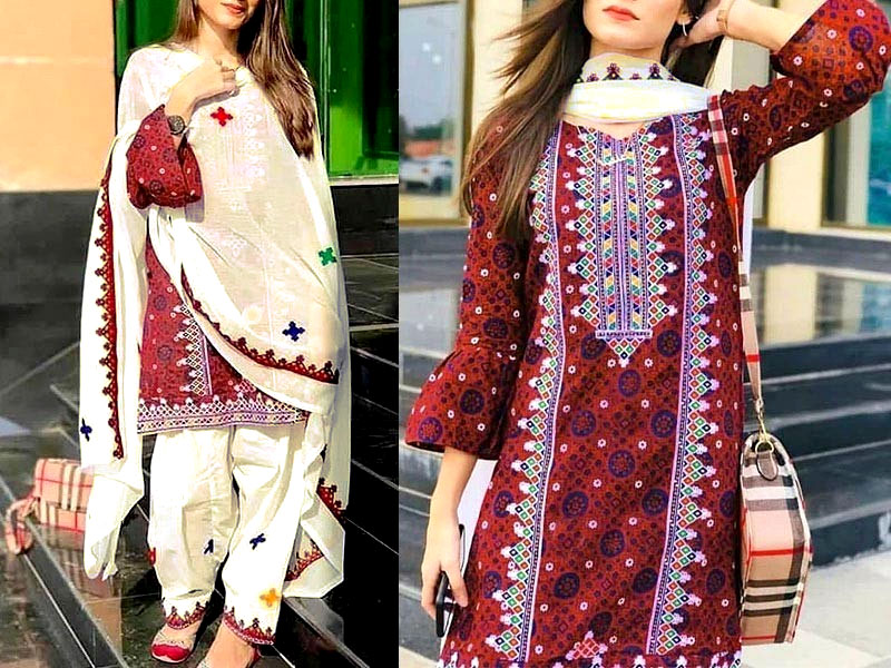 Traditional  Panel Embroidered Ajrak Design Lawn Dress with Chiffon Dupatta Price in Pakistan