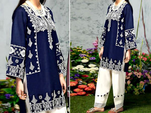 2-Pcs Embroidered Navy Blue Linen Suit 2021 Price in Pakistan