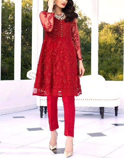 2-Piece Embroidered Red Net Party Wear Dress Price in Pakistan