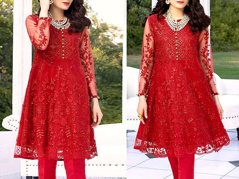2-Piece Embroidered Red Net Party Wear Dress with Inner