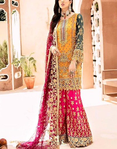 Heavy Embroidered Chiffon Bridal Dress with Embroidered Silk Trouser Price in Pakistan