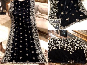 Heavy Embroidered Cutwork Black Bridal Velvet Shawl