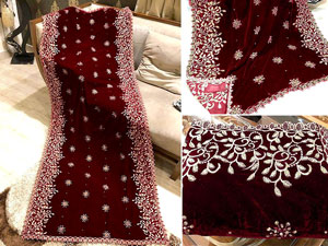 Heavy Embroidered Cutwork Maroon Bridal Velvet Shawl