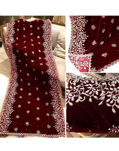 Heavy Embroidered Cutwork Maroon Bridal Velvet Shawl Price in Pakistan