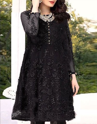 2-Piece Embroidered Black Net Party Wear Dress