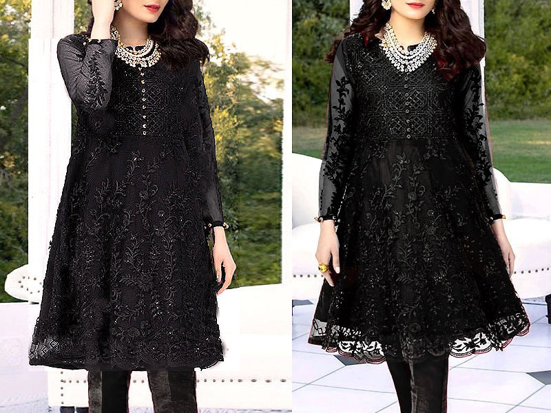 2-Piece Embroidered Black Net Party Wear Dress with Inner