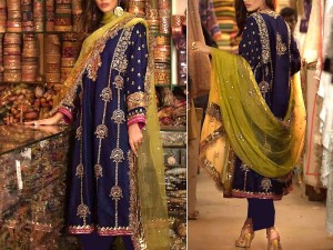 Heavy Embroidered Chiffon Mehndi Dress with Net Dupatta Price in Pakistan