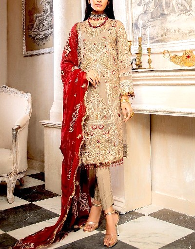 Embroidered Grey Chiffon Dress with Red Chiffon Dupatta Price in Pakistan