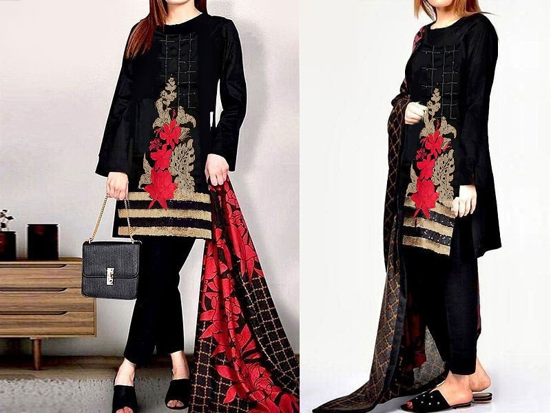 Full Front Sequins Embroidered Lawn Dress with Printed Chiffon Dupatta