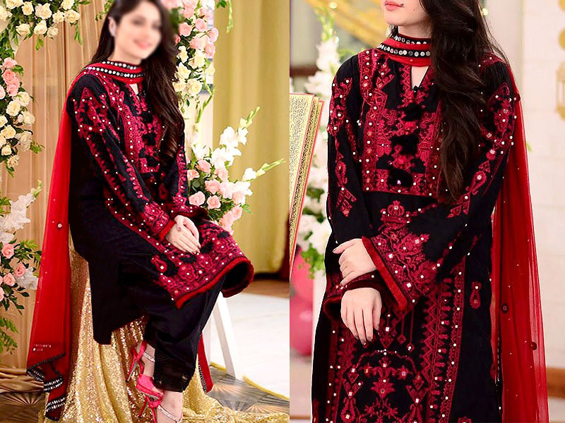 Traditional Embroidered Lawn Dress with Embroidered Bamber Chiffon Dupatta