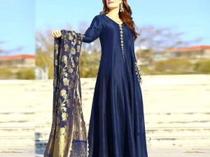Adorable Mirror Work & Embroidered Shamoz Silk Maxi Dress with Jacquard Dupatta Price in Pakistan