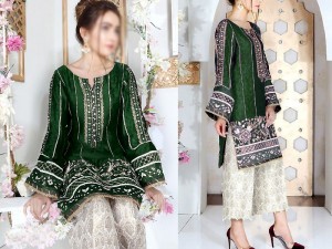 Heavy Embroidered Green Cotton Dress with Embroidered Trouser Price in Pakistan