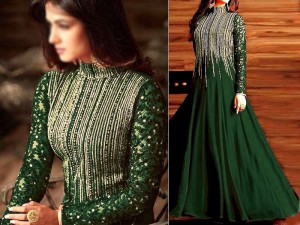Indian Embroidered Green Chiffon Maxi Dress