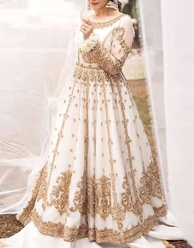 Heavy Embroidered & Mirror Work White Net Bridal Maxi Dress Price in Pakistan