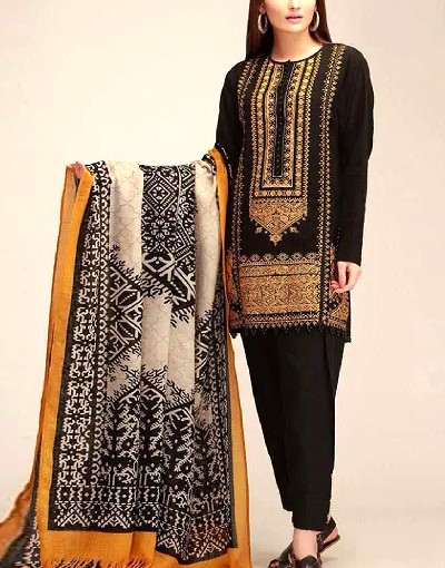 Heavy Embroidered Khaddar Dress 2024 with Wool Shawl Dupatta