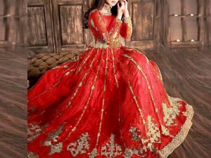Mirror Work Heavy Embroidered Red Net Bridal Maxi Dress Price in Pakistan