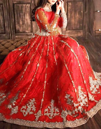 Mirror Work Heavy Embroidered Red Net Bridal Maxi Dress Price in Pakistan